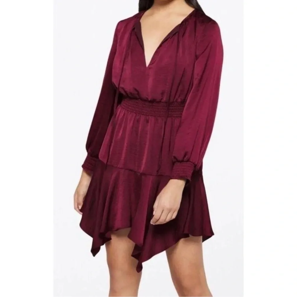 SAM EDELMAN SMOCKED LONG SLEEVE BURGUNDY A LINE DRESS - Picture 5 of 10